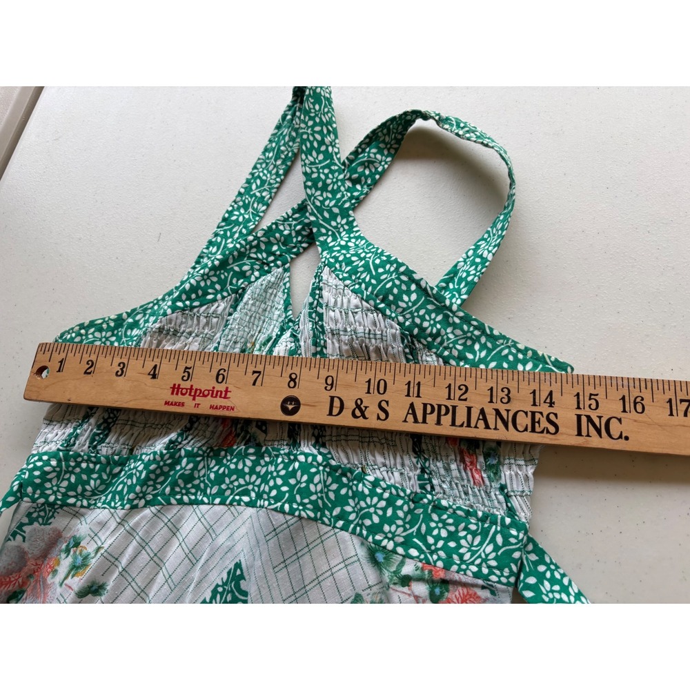Vintage 70s Green Floral Halter Dress Cutout Smocked Bust Cottagecore S - Picture 4 of 7